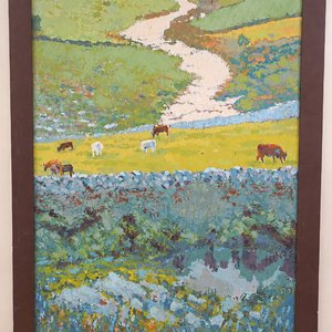 Óleo sobre Lienzo "Campo con Animales" de Klever López Novo - Marco de Madera - imagen 1
