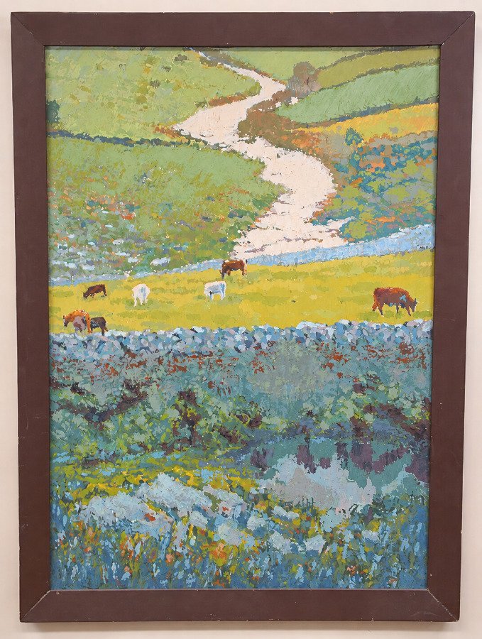 Óleo sobre Lienzo "Campo con Animales" de Klever López Novo - Marco de Madera