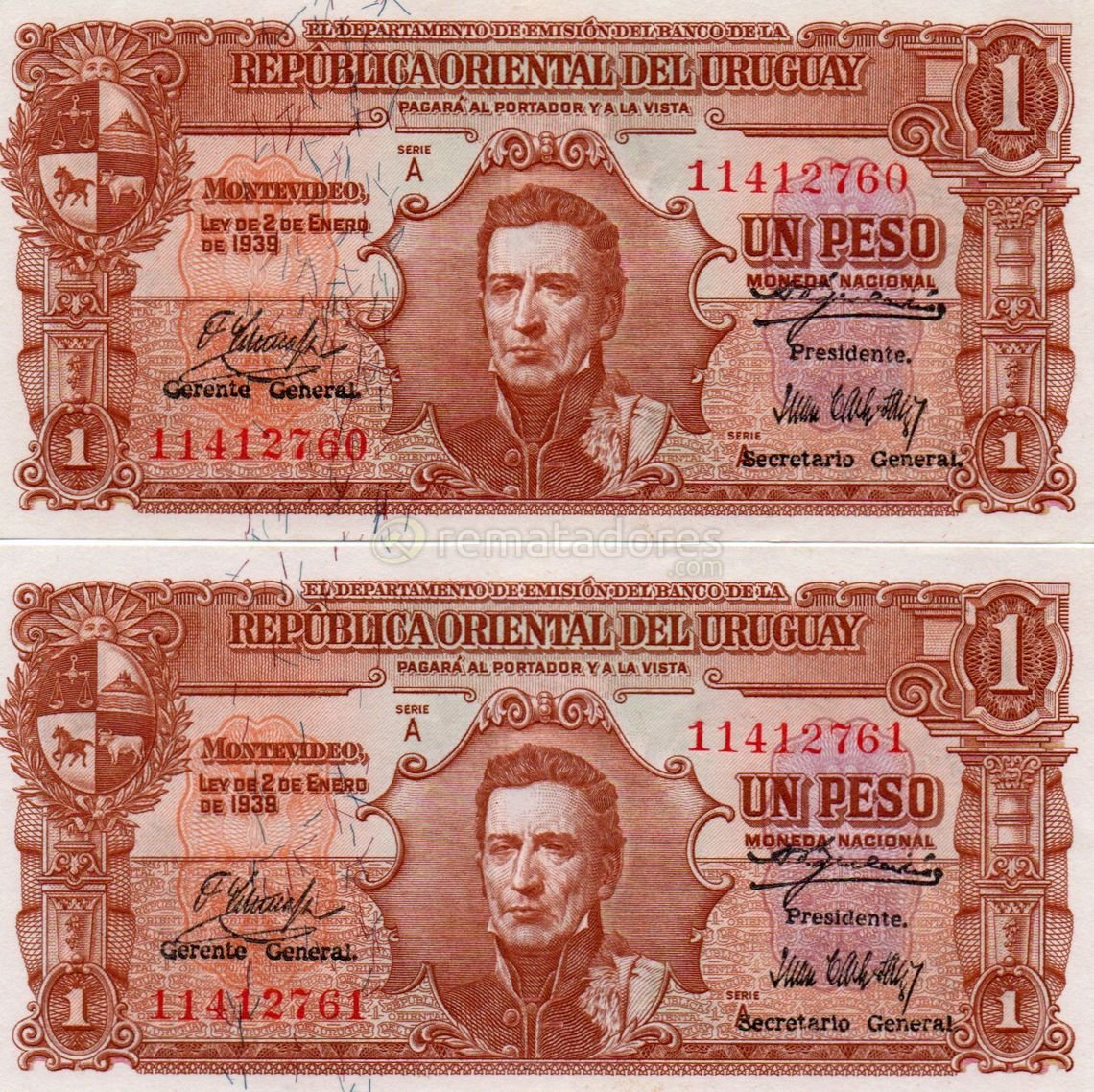 Billete de 1 Peso Uruguayo, Serie A, Ley de 1939