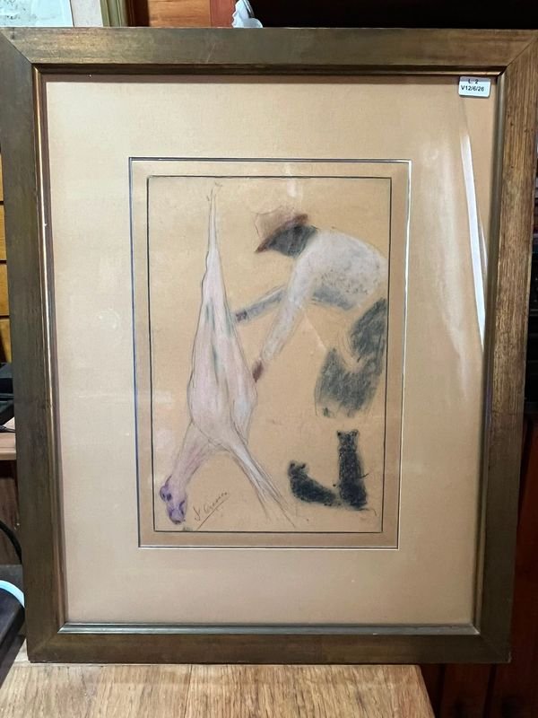 Obra de José Cúneo: "Carneando" en Pastel, Firmada y Enmarcada