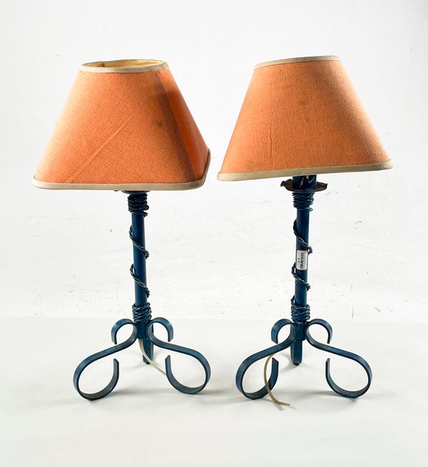 Par de Lámparas de Mesa Vintage en Hierro Azul con Pantallas Naranja - imagen 1