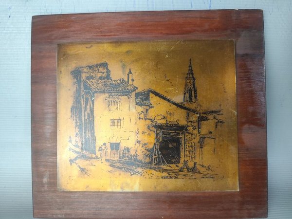 Grabado Metálico "Carpenter's Shop, Toledo" de Lionel Lindsay sobre Base de Madera - imagen 1