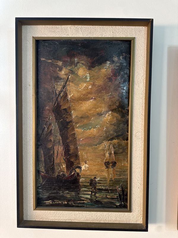 Lote siguiente: Antiguo óleo con escena marina