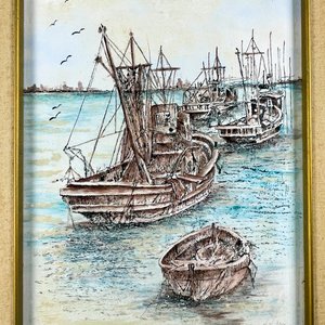 Oleo sobre Cerámica: Barcos de Pesca en el Puerto - imagen 2
