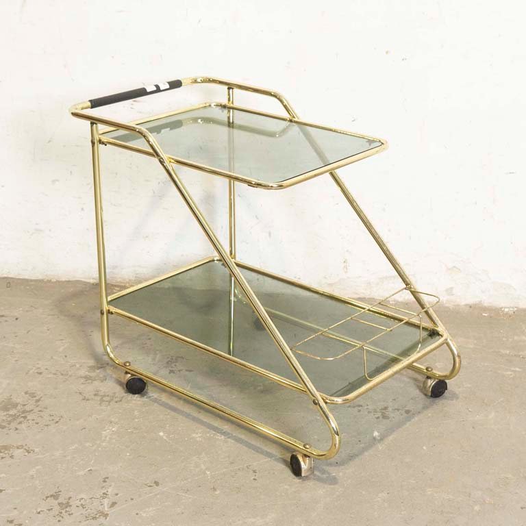 Mesa Bar Rodante Metálica Dorada con Vidrio Tintado