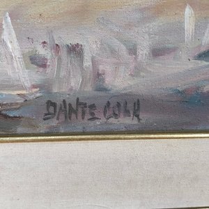 Óleo sobre lienzo "Escena Rural" de Dante Cola, con marco dorado - imagen 4
