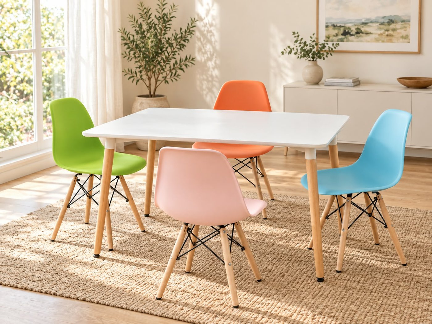 Juego de Comedor Eames Rectangular Laqueado con 4 Sillas Patas de Madera