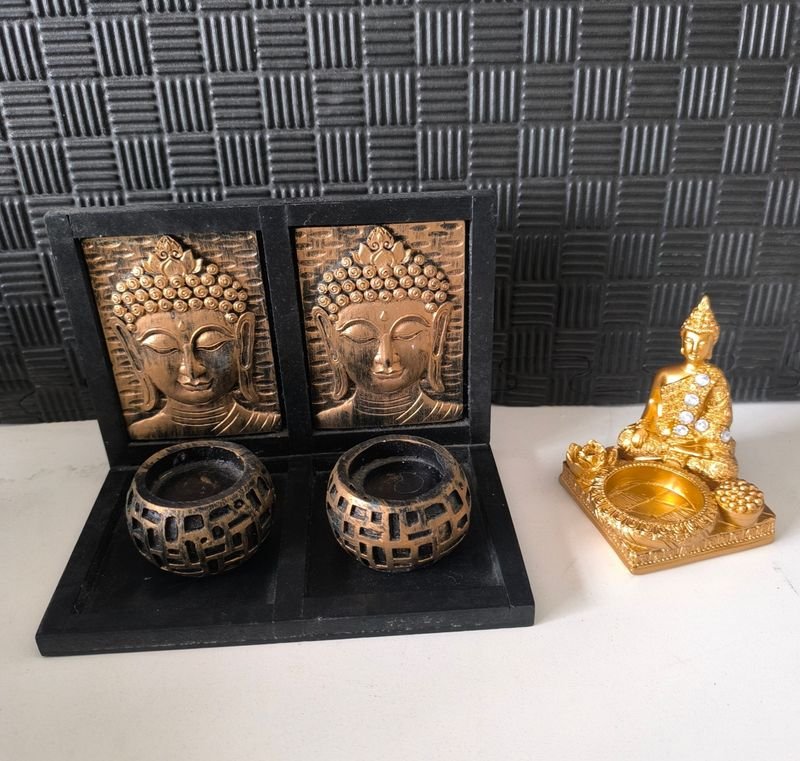 Set Decorativo Zen: Buda en Metal Dorado y Portavelas