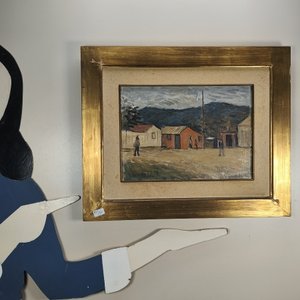 Óleo sobre lienzo "Poblado" de Osvaldo Leite, firmado, con marco dorado - imagen 8
