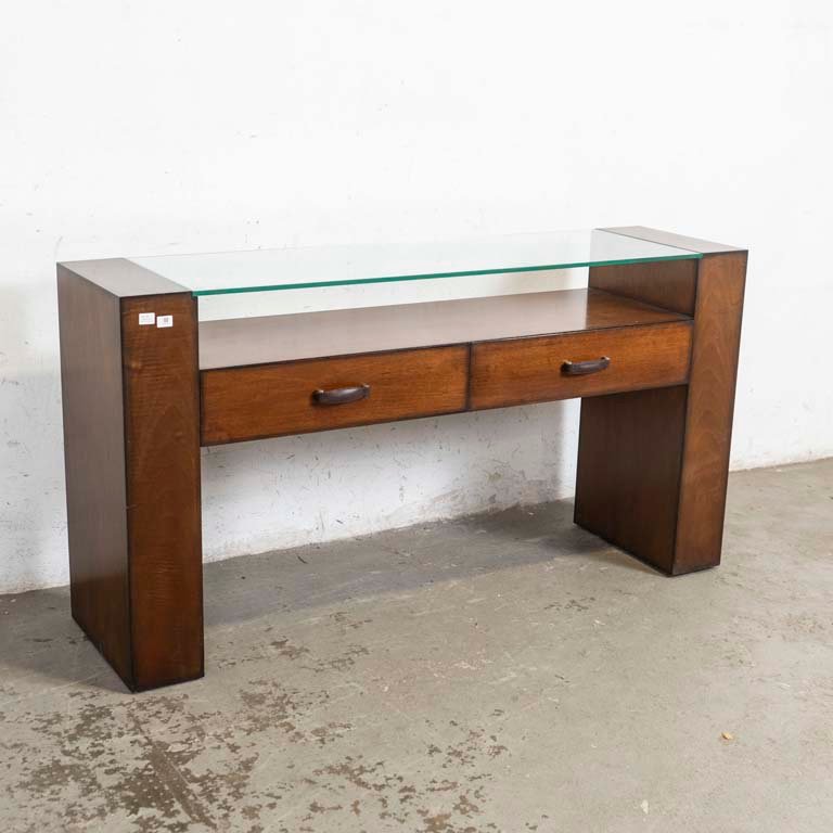 Consola de Madera con Dos Cajones, Tapa de Vidrio y Estante