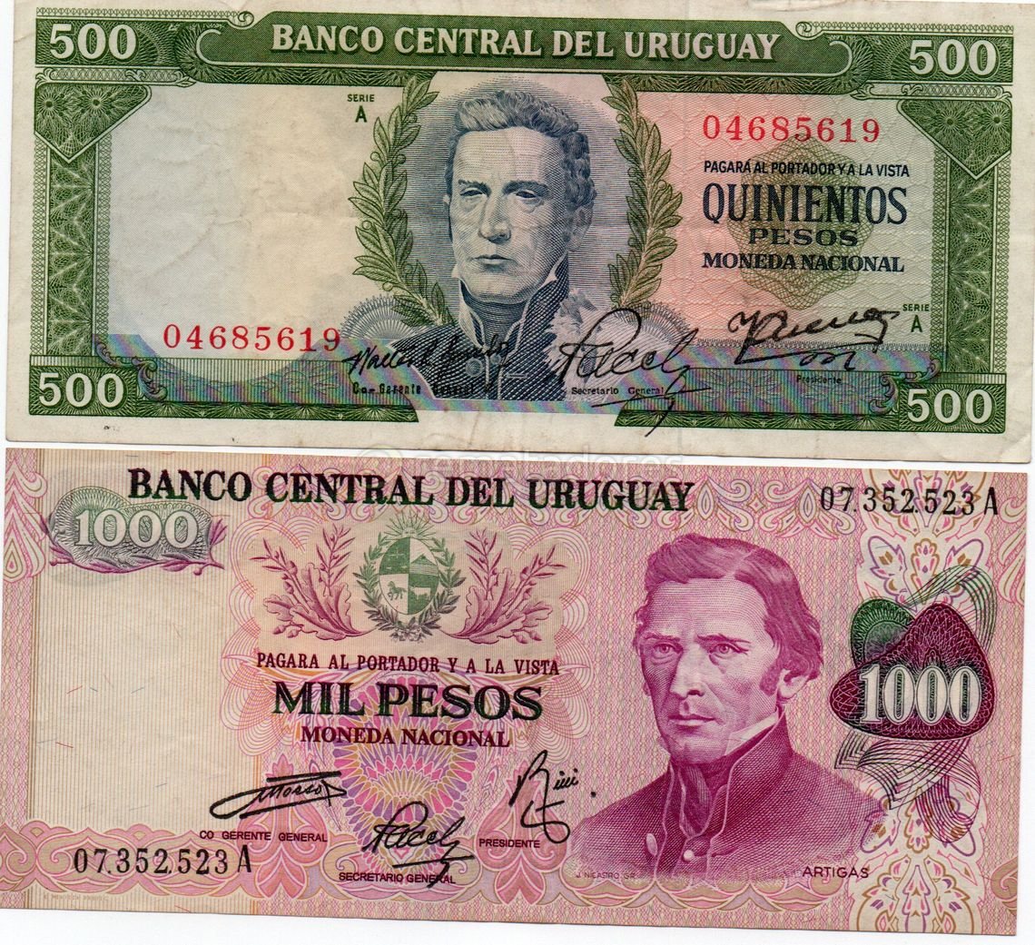 Billetes Uruguayos: 500 y 1000 Pesos Uruguayos