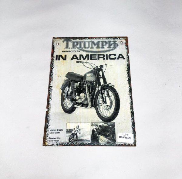 Cartel Metálico Triumph Motorcycles in America con Motocicleta Clásica - imagen 1