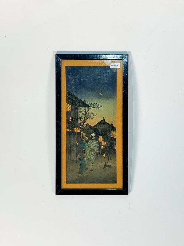 Estampa Japonesa: Paisaje Nocturno con Caseríos y Personajes Orientales - imagen 1