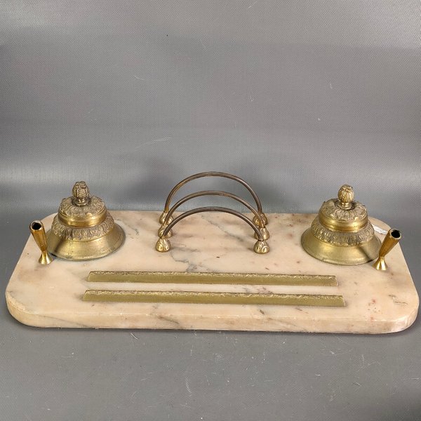 Tintero Antiguo de Mármol y Bronce con Portaplumas y Organizador - imagen 1