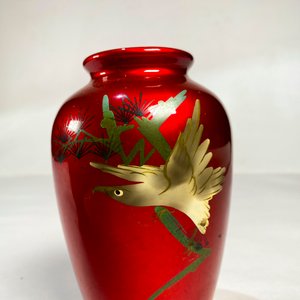 Par de Floreros Orientales Rojos con Paisaje y Aves - 14 cm - imagen 2