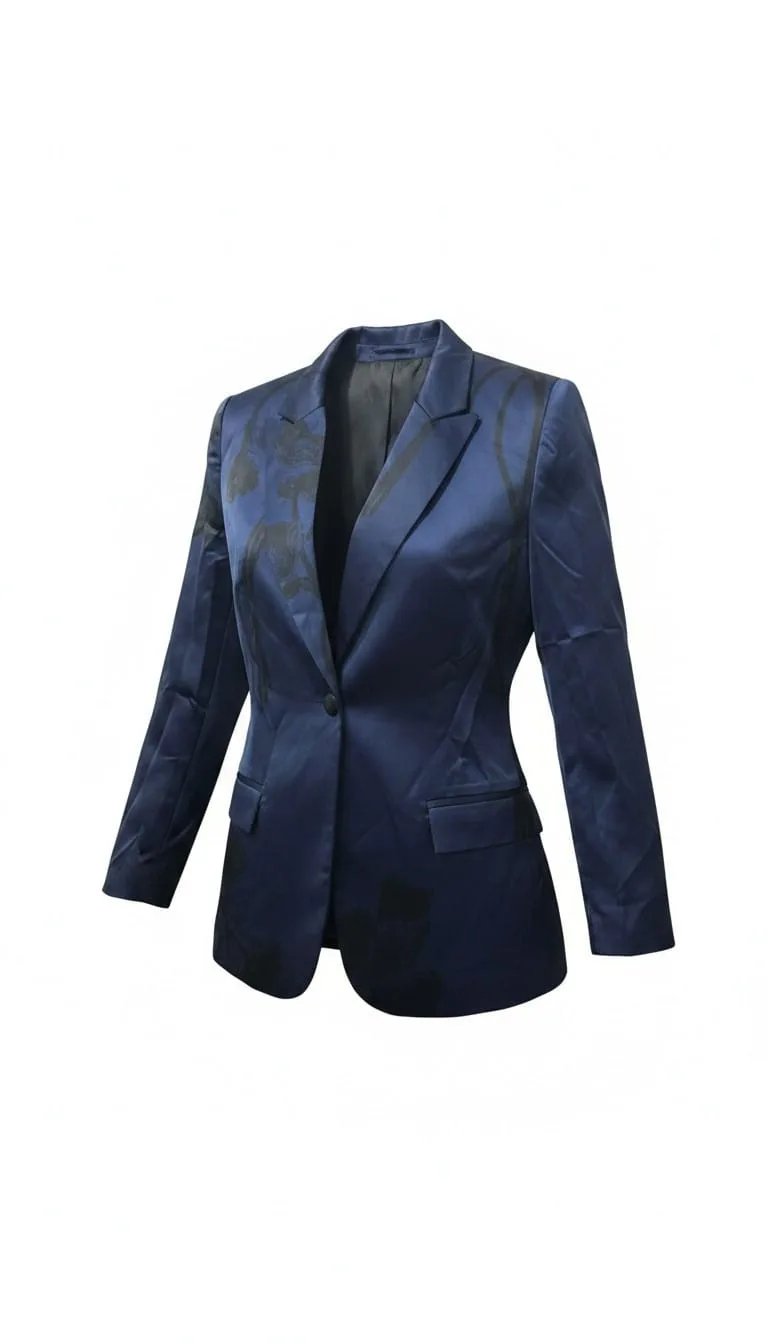 Blazer Satinado Azul Marino Janis con Estampa Abstracta Negra - Talle 2