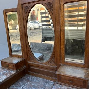 Tocador Antiguo de Roble con 3 Espejos y Tapa de Mármol - imagen 10