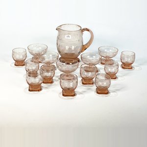 Jarra y Copas de Cristal Rosado con Círculos Esmerilados - imagen 2