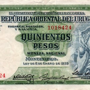 Lote siguiente: Billete de 500 pesos uruguayos, Serie C, 1939