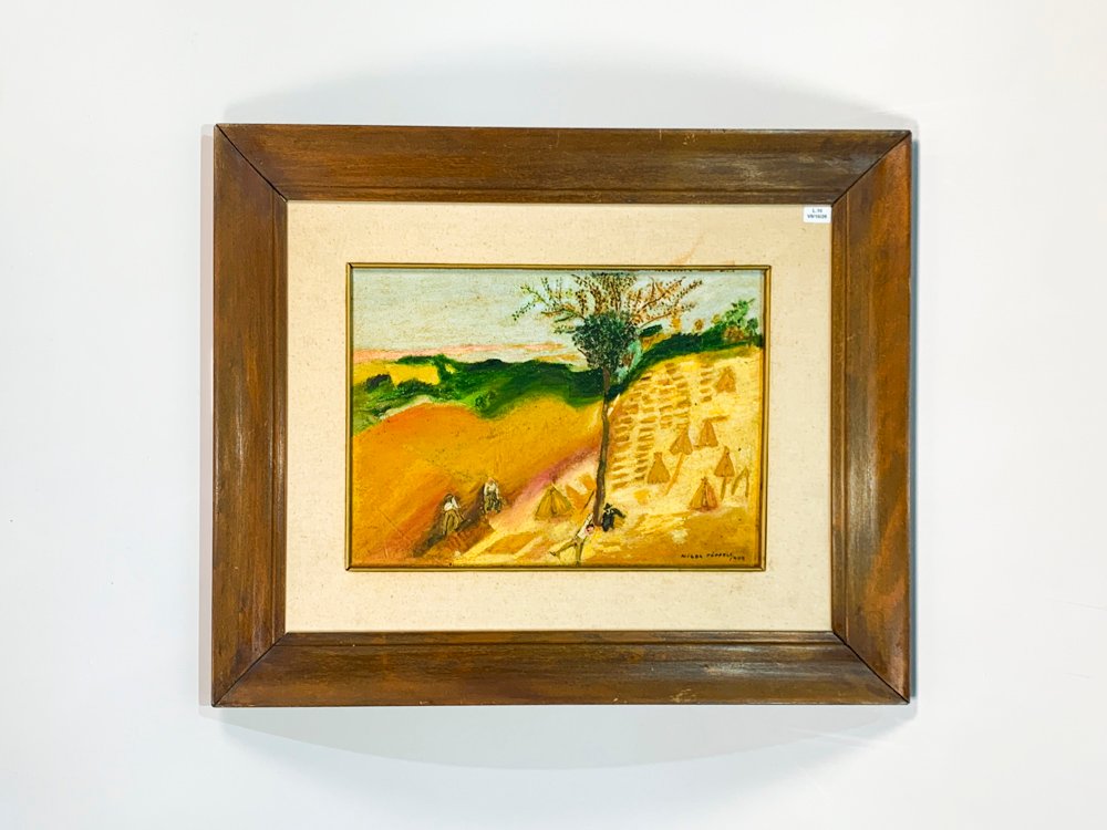 Cuadro al óleo "Campestre con campesinos" firmado Nilda Poppolo (1999)