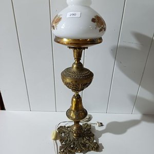 Lámpara Antigua de Bronce con Tulipán de Opalina Decorada - imagen 6