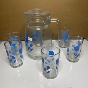 Juego de Jarra y 6 Vasos de Vidrio con Diseño Floral Azul - imagen 3