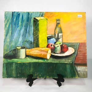 Cuadro al óleo: Bodegón de frutas, botella y pan - imagen 2