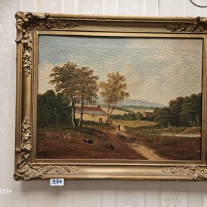 Lote siguiente: Pintura al óleo de paisaje rural con marco dorado