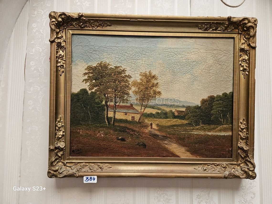 Pintura al óleo de paisaje rural con marco dorado