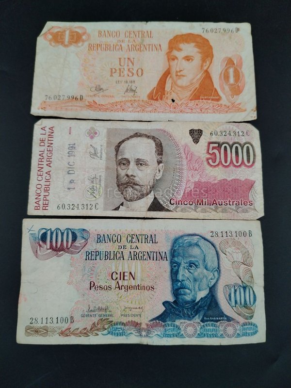 Billetes Argentinos: 1 Peso, 5000 Australes y 100 Pesos Argentinos