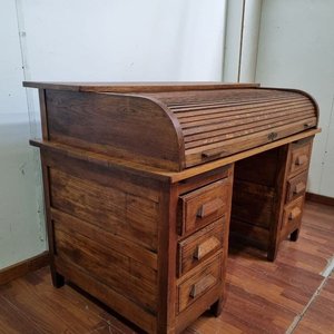 Escritorio Antiguo Ministro Tapa Cortina Madera Roble Seis Cajones Compartimentos Internos - imagen 3