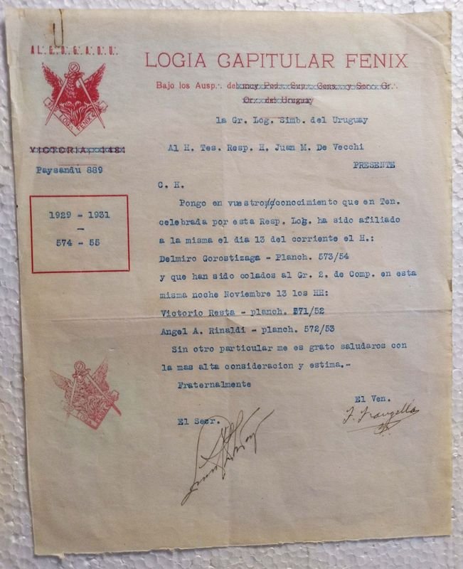 Documento Masonico Logia Capitular Fenix Uruguay 1930