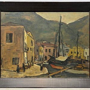 Oleo "Pueblo con costa" de Gonzalo Fonseca, 1951 - imagen 2