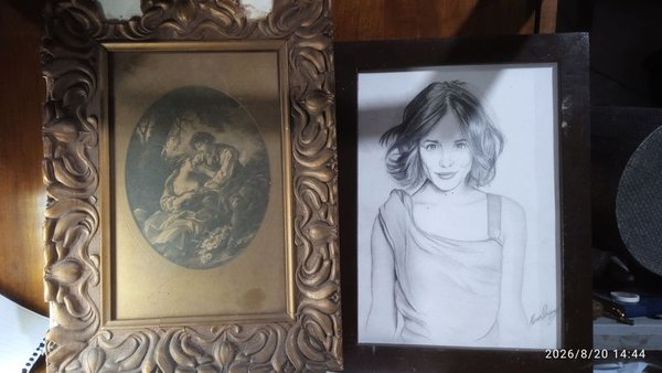 Grabado Antiguo Enmarcado Dorado y Dibujo Retrato Dama