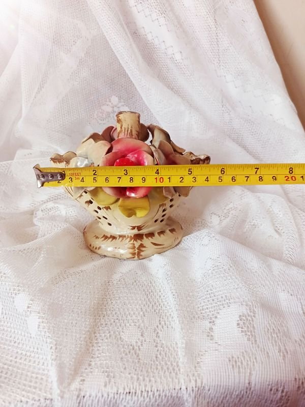 Cesta de flores de cerámica vintage, adorno floral esmaltado - imagen 7