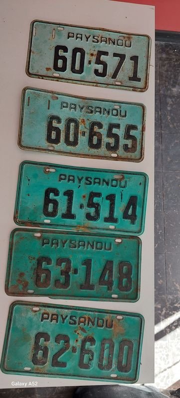 Placas de matrícula vintage con texto 'PAYSANDOU' - imagen 1