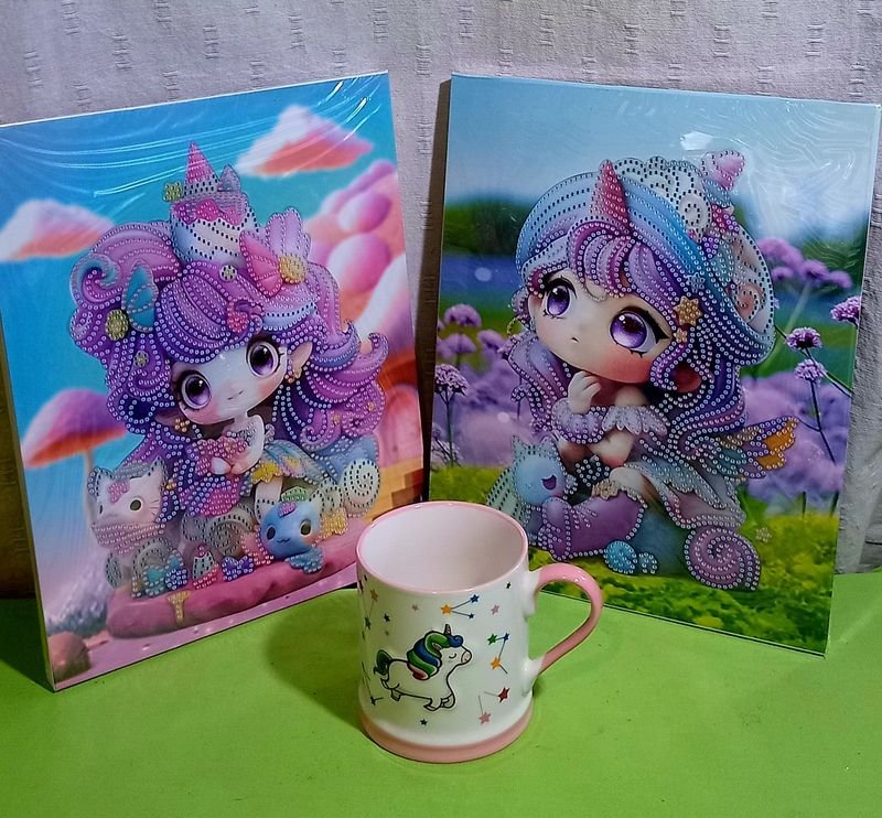 Set de 2 Cuadros Decorativos "Arte Diamante" con Taza de Unicornio