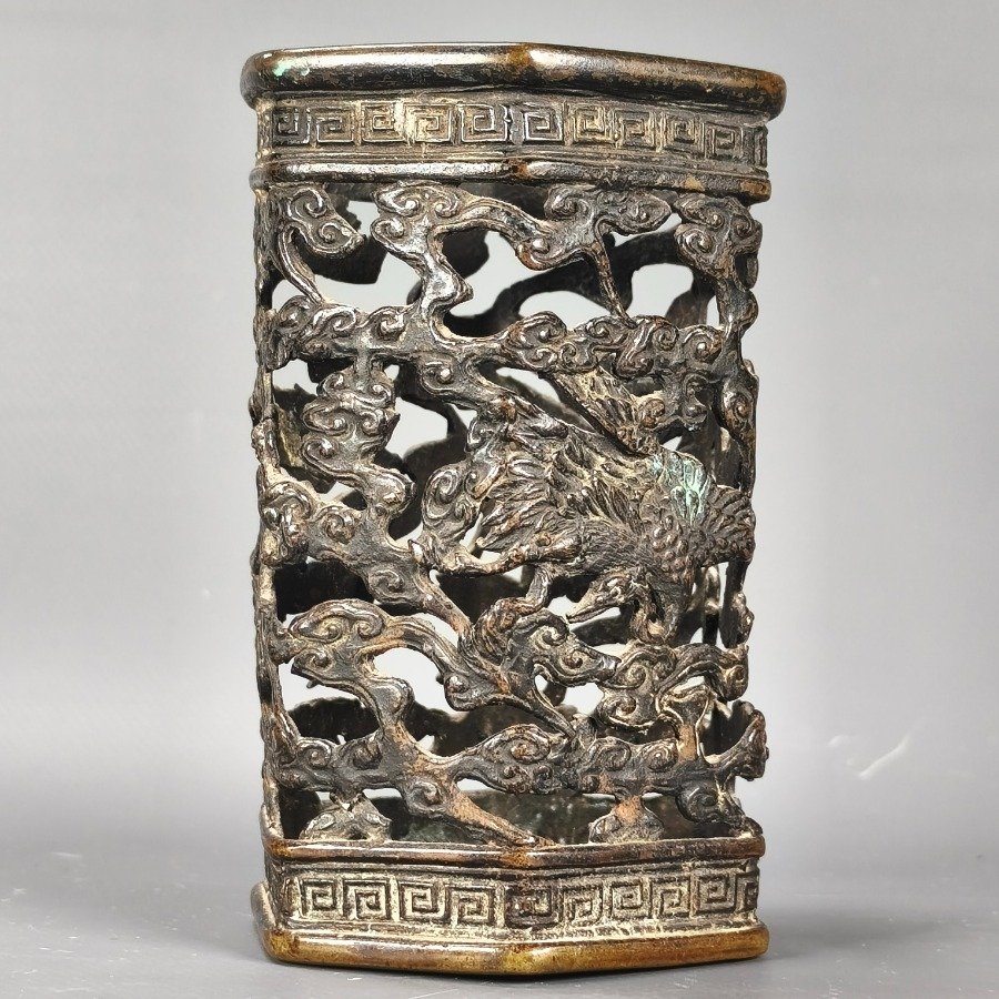 Antiguo bitong chino hexagonal en bronce reticulado, dinastía Qing - imagen 2