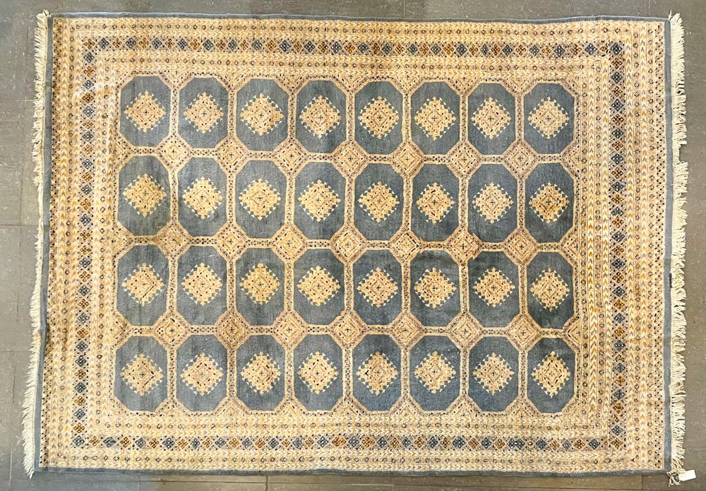 Alfombra Boukara de Lana Beige y Celeste con Dibujos Geométricos - 305 x 230 cm