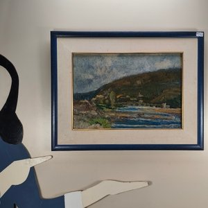 Oleo sobre Fibra "Paisaje Fluvial" Firmado J. de Brum con Marco Azul - imagen 6