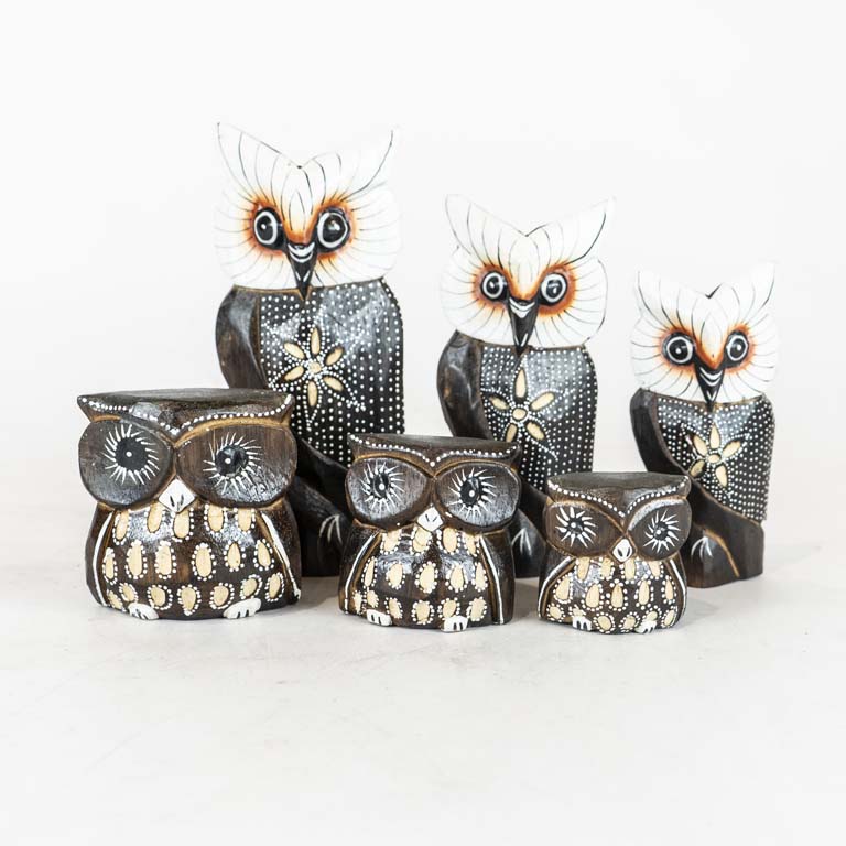 6 Adornos buhos de madera  - Medidas: 19 y 6cm 