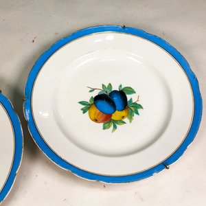 Par de Platos de Porcelana Blanca con Frutas y Borde Celeste - imagen 4