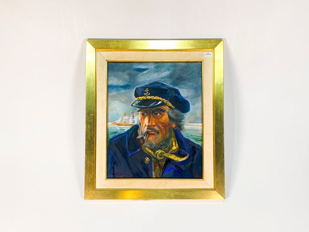 Cuadro al óleo "Viejo Marino" firmado, con marco dorado