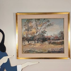 Óleo sobre lienzo "Escena Rural" de Dante Cola, con marco dorado - imagen 8