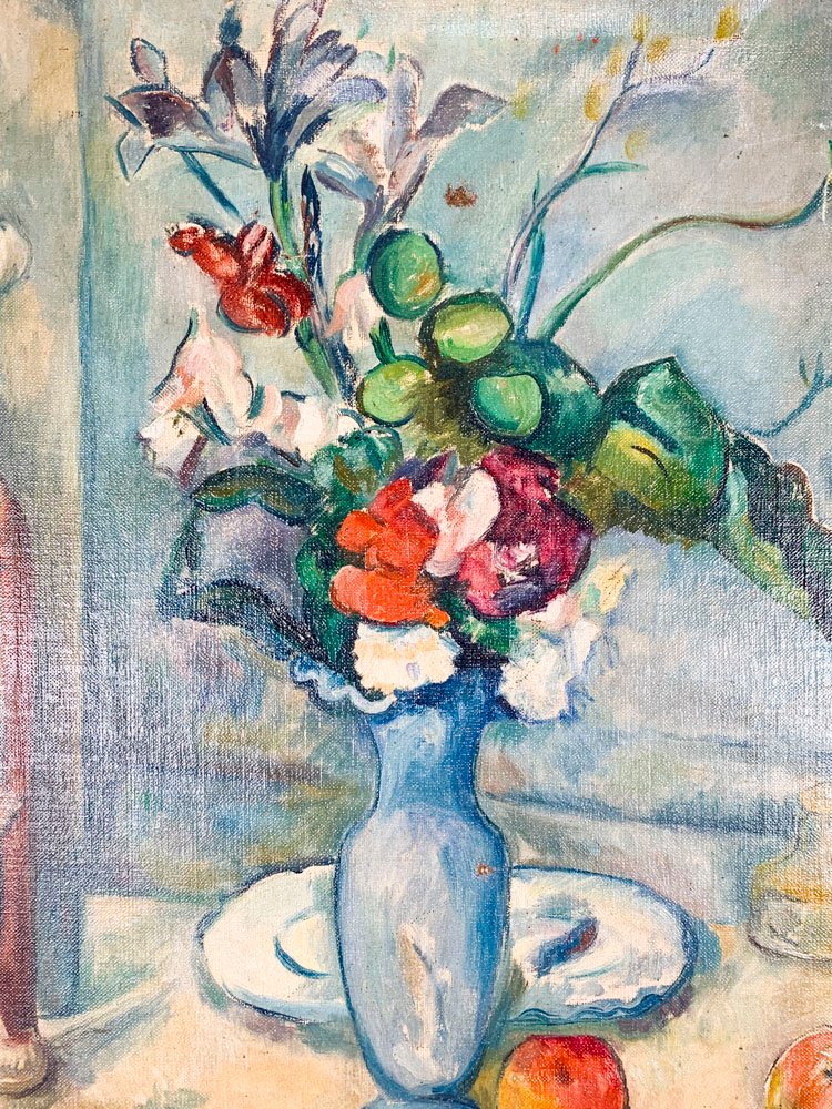 Pintura óleo sobre tela, jarrón azul con flores y frutos - imagen 2