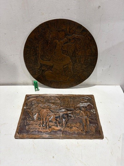 Dos Cuadros de Cobre Repujado con Escenas Precolombinas y Rurales