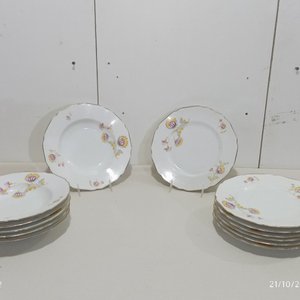 Lote de 16 Platos de Porcelana Alemana Hutschenreuther con Flores y Borde Dorado - imagen 1
