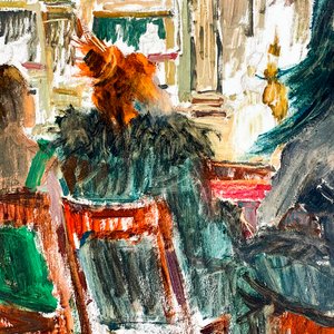 Cuadro al óleo sobre cartón: Bodegón con personajes bebiendo, firmado E. Vernaza - imagen 2
