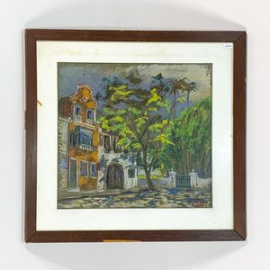 Cuadro a Pastel: Casa Colonial con Jardín y Árboles - imagen 1