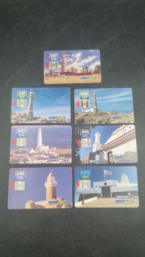 Lote de 7 Tarjetas Telefónicas Antel de Uruguay con Faros